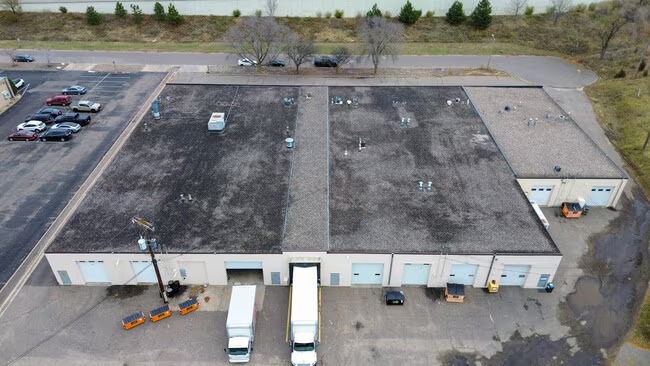 Aerial view of the rear loading side of 5221 Lakeland Avenue North in Crystal, Minnesota